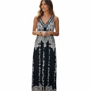 Style & Co. Black & White Beaded Paisley Print Maxi Dress Size PL